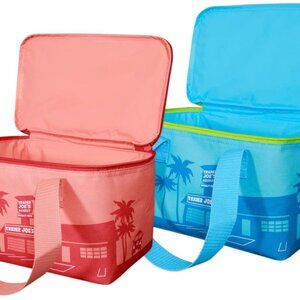 2x Trader Joe's Mini Insulated Totes Blue Peach Reusable Small Cooler Bag